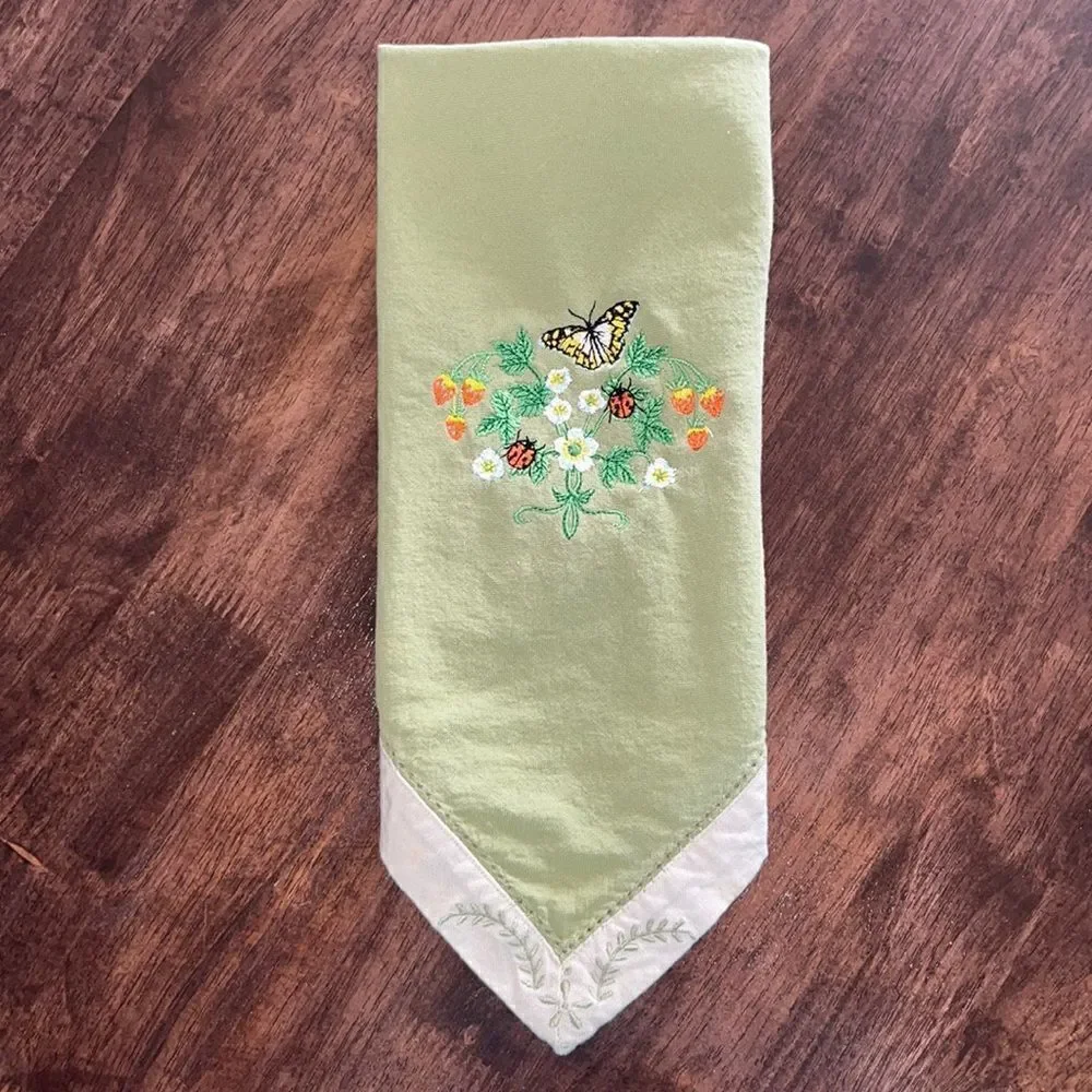 Upcycled Set of 3 Sage Cotton Floral Embroidered Napkins with Cream Trim